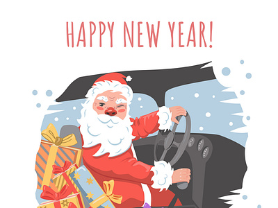 Santa Claus driving car to New Year loaded with gifts. card christmas christmas car christmas delivery christmas gift design gift graphic design holiday illustration new year santa santa claus snow vector card vector design vector illustration winter