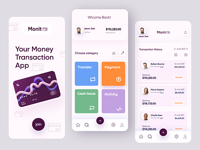 Monit - Money Transfer App app ui cashout clean clean color interaction minimal money transfer payment transaction transfer user user interface