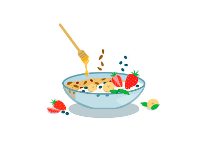 Granola with yogurt for breakfast bowl breakfast food glass granola honey illustration shadows strawberry yogurt