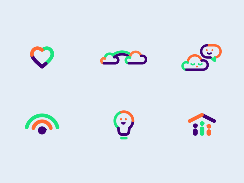 Happy icons healthcare care dementia building connecting monoline color icon design design identity branding iconography smile icons