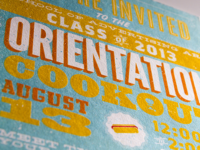 Orientation Invite blue cookout hot dog invitation orange saa texture type typography yellow