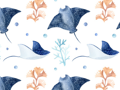 Manta ray watercolor seamless pattern. Ocean background.
