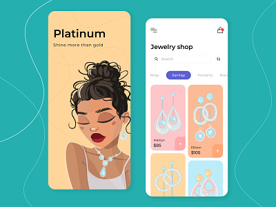Jewelry Shop - Mobile app concept arounda color concept earrings face figma fonts girl gold graph illustration jewelry pallete pendants shop shot simple sketch ui ux