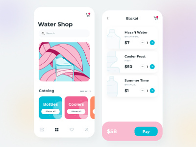 Water Shop – Mobile App application arounda basket bottle cards cart concept delivery design figma flat gradient illustration mobile navigation order shop ui ux water