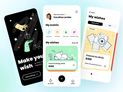 Wish lists - Mobile app arounda cards concept design entertainment figma gifts illustration interface mobile app planing platform product design save time service startup tool ui ux wish list