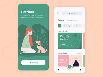 Petriots - Mobile app concept app arounda cards charity color concept debut dog events figma girl graph illustration lovely nature pallete pets sketch ui ux