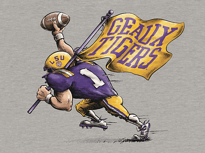 Geaux Tigers caricature cartoon character design flag football illustration louisiana lsu player running tigers touchdown