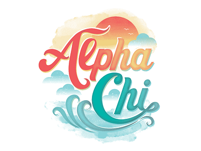Alpha Chi Surf beach clouds script sea spring break summer sun type watercolor
