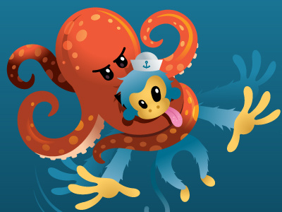 Great Bearded Reef - Octopus vs. Seamonkey cartoon choking humor monkey octopus underwater