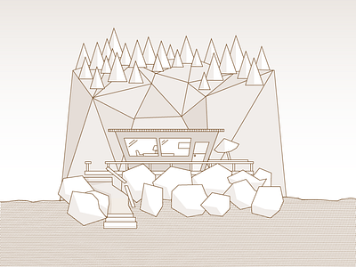 Between the beach and the mountains. beach house doodling illustration monotone mountains perspective