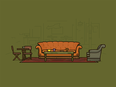The One with the Coffee Shop central perk chairs coffee table comfy illustration orange couch vector