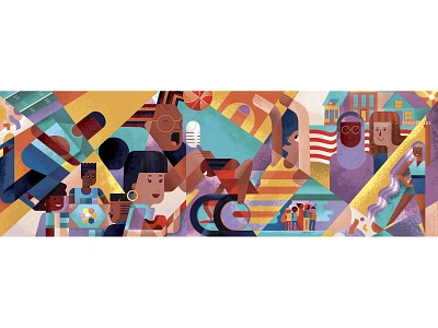 Frogtown Mural 2d artist adobe african art american american flag asian basketball black charlie harper cheerleader community disability football geometric geometric art handicap hijab illustration illustrator wheelchair