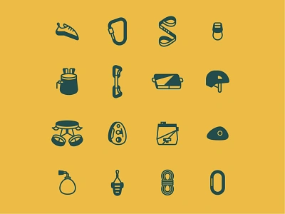 Rock climbing icons atc boulder bouldering carabiner chalk bag climbing crash pad gris gris harness hold icon illustration illustrator organic problem rock rope sling sock