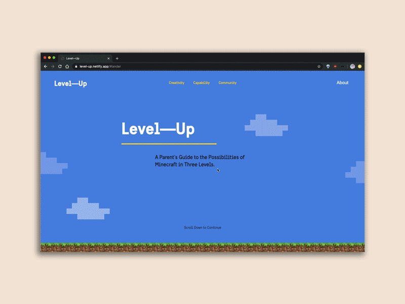 Level Up design interactions minecraft pixels playful scrolling uiux website