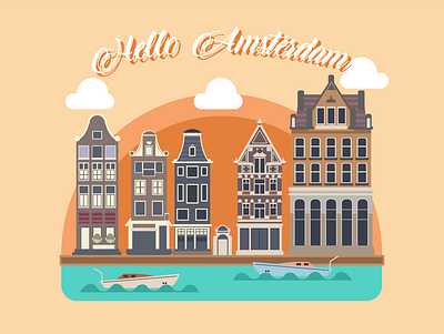 Hello Amsterdam amsterdam canal city deutch flatdesign holland sunset