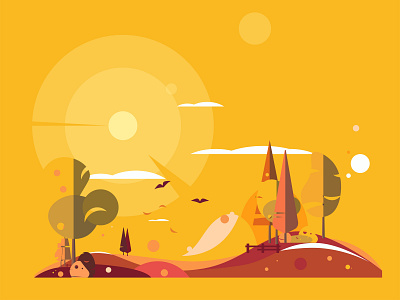 Autumn Is Coming autumn background fall flat design orange sun sunset winter