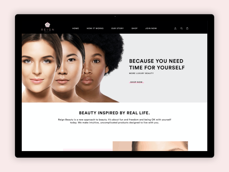 Reign Beauty animation beauty website branding cosmetic cosmetic website creative ecommerce elegant design interactive minimalist pink typography ui ux web design