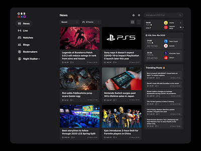 CBR Esports Platform - Web UI - News csgo dark dashboard dota esports fortnite grid hearthstone lol modular news overwatch social teams ui user interface ux web