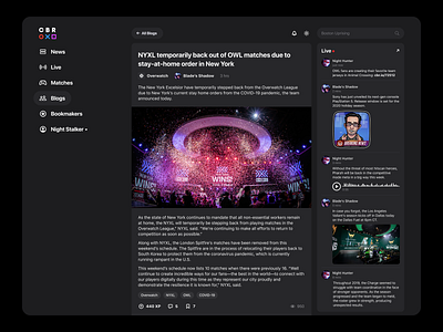 CBR Esports Platform - Web UI - Post article blog covid covid19 dark esports games live feed matches news overwatch post recording sticker ui user interface ux web