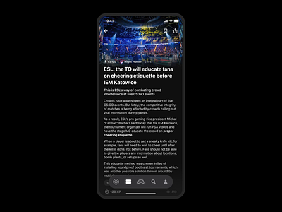 CBR Esports Platform - App app bar csgo dark design esports feed games graphics interaction ios mobile motion navigation news screen scroll splash ui ux