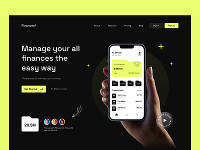Financee - Landing page banking dark finance first screen landing landing page mobile web yellow