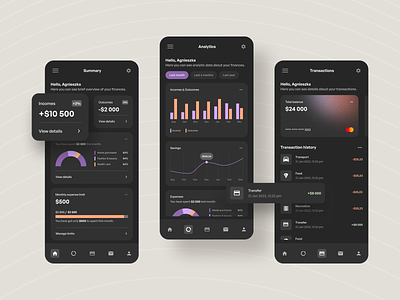 Budget management - mobile app | dark mode analytics app chart dark darkmode dashboard design finances flatdesign gradient management minimal mobile product ui ux