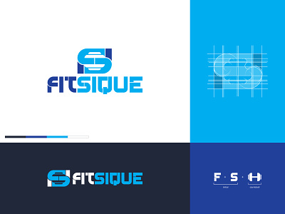 Fitsique Logo ambigram blue brand branding design dumbbell f letter fitness gym logo logogram logotype navy negative space s letter sport wellness