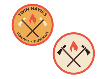 Twin Hawks Survival & Bushcraft Badge badge camping fire logo minimal outdoors tomahawks