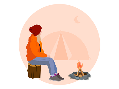 Solo Traveler camp camping digitalpaint fire forest girl graphic design illustraion moon orange solo travel traveler vector vector art vectorart woman wood
