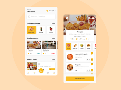 Food Application app application bottom navigation branding buttons coffee concept detailpage food food order fruit graphic design homepage order pizza singlepage ui