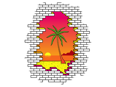 Under bricks the beach bricks clip art design fluo geometric landscape minimal palm palm tree subway sunset beach wall