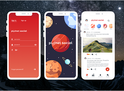 Planet Social app app design branding illustrations planet planetary red social space spaceship ui