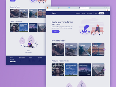 Zero Mediation Site Design blue calm concept design illustration meditation mental health purple ui web design webdesign website