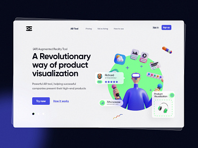 AR/VR Product Visualizing Tool Landing Page 3d 3dillustration augmented reality clean creative dark mode design hero header illustration isometric landing page minimal ui ux vector virtual reality vr website
