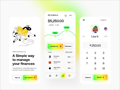 TransferCoin - Simple Banking mobile app app design app ui appdesign bank creative financial fintech gradient green mobile app mobile ui money ui ux