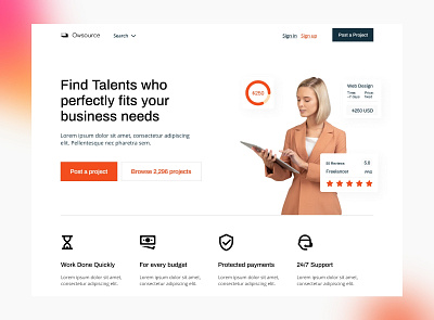 Owsource - Talents Outsourcing Landing Page creative design freelancer landing money orange outsourcing service ui ui design ux ux design