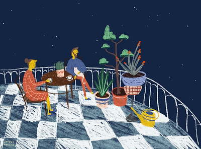 Balcony at night balcony cat character characters design coffee coffee break digital illustration digital painting home illustration illustration art illustrator night plants procreate procreate art quarantine relationship stars urban