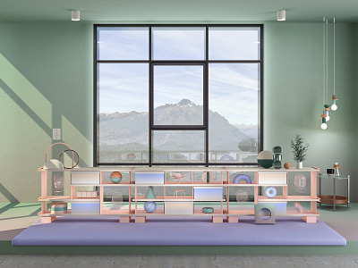 Mountain View Part I 3d 3d art abstract adobe architecture art direction artwork c4d colors dreamscape furniture green interiors lighting mountains product design render set set design surreal