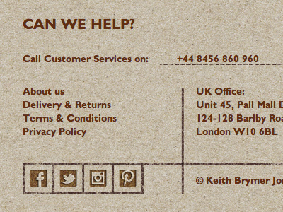 Keith Brymer Jones site redesign brown cardboard footer