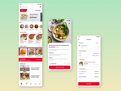 Food Delivery App - Landing Page, Detail Menu, Order Checkout app daily ui delivery app design figma figma design food food app health interaction interface layout mobile mobile app mobile app design mobile ui store app ui ux