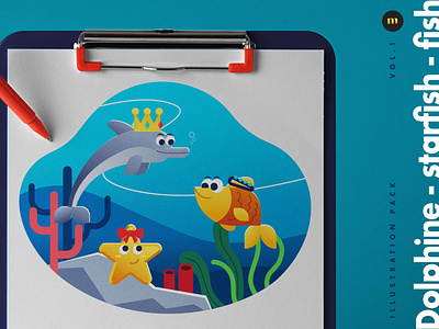 Dolphins Starfish and Fish illustration pack design designer vector