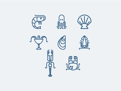 Icons for seafood crab langoustine calamar mussels octopus shrimp seafood sea line icon