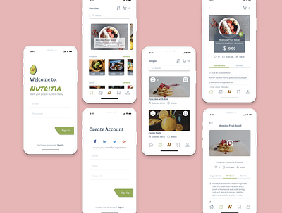Nutritia app create account ingredients nutrition recipe app recipes registration form salads sign in signup