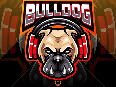 Bulldog wearing headphones esport mascot logo