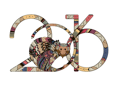 Tribal monkey 2016 Zentangl 2016 color doodle esoteric geometric geometry illustration monkey new year totem tribal zentangle