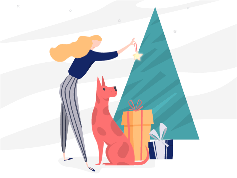 Preparing for Christmas animation cartoon character christmas christmas tree design dog gifts holiday motion new year woman