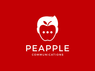 PEAPPLE COMMUNICATIONS apple chat communication concept design face fruit head illustration logo men negative space negative space logo people red social speak speech talk