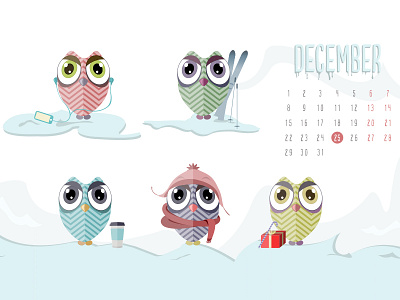 December Owls - Wallpaper calendar birds calendar calendar design cold december ice owl snow vector vector art wallpaper winter