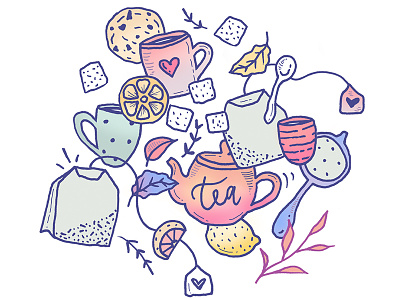 Tea and Cookies Doodles color palette cookies food illustration snacks t-shirt design tea and cookies tea cup tea doodles tea illustration
