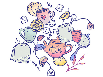 Tea and Cookies Doodles color palette cookies food illustration snacks t shirt design tea and cookies tea cup tea doodles tea illustration